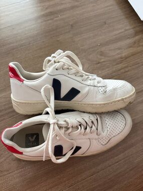 Veja White Sneakers with Navy V and Red Heel Accent